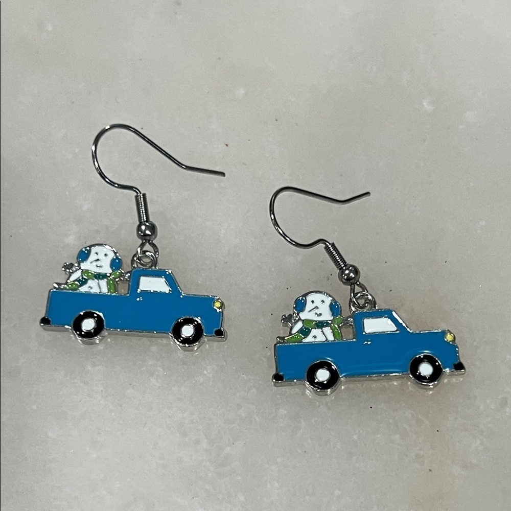 Charming Snowman Riding in Blue Car Earrings